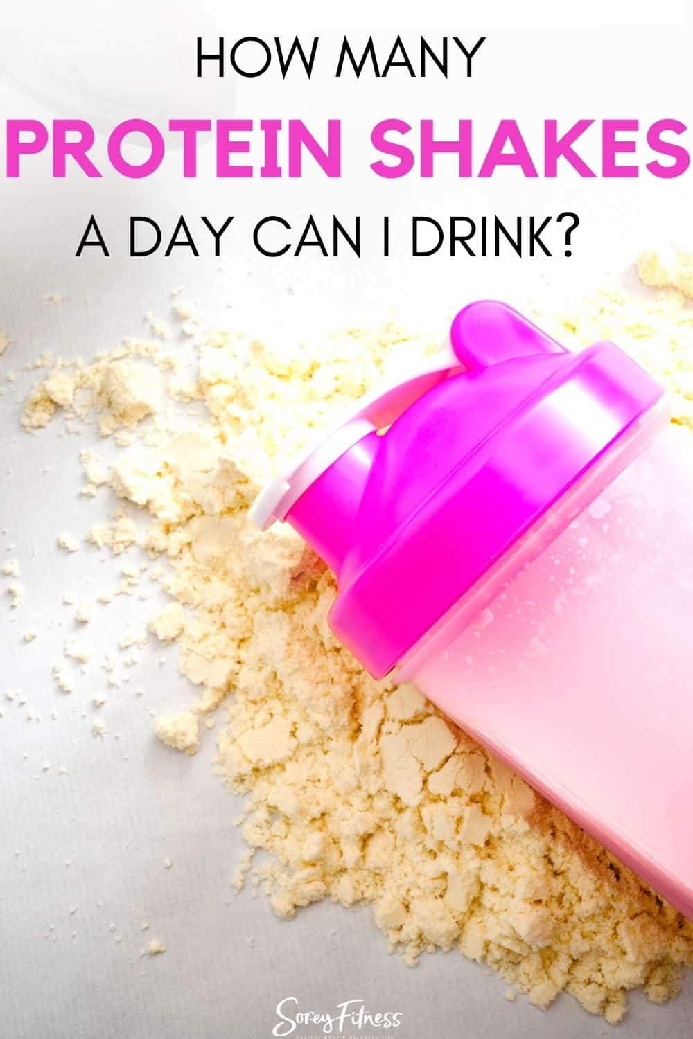 protein shaker cup and powder with the text overlay "How Many Protein Shakes a Day Can I Drink?"