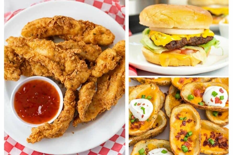 collage of football snacks - chicken tenders, a burger, and potato skins