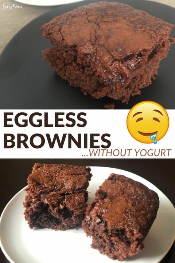 collage of 3 brownies made - text overlay in the middle says eggless brownie recipe without yogurt 
