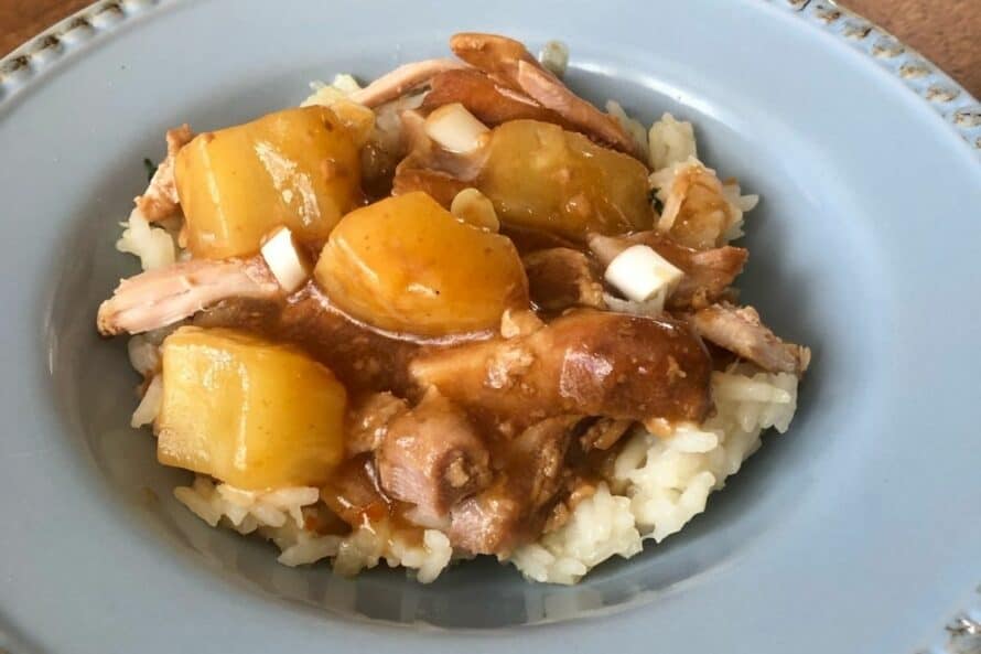 slow cooker chicken pineapple teriyaki in a bowl with rice