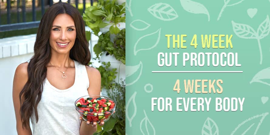 Autumn holding fruit with the words 4 week gut protocol and 4 weeks fo every body