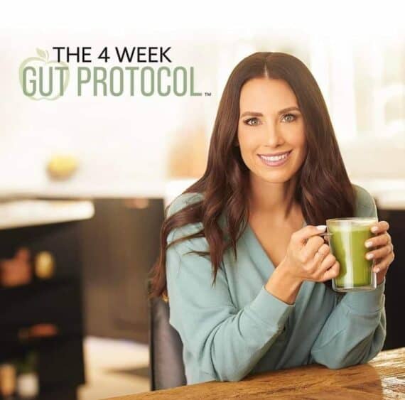 promotional picture for The 4 Week Gut Protocol with Autumn Calabrese holding a cup of tea