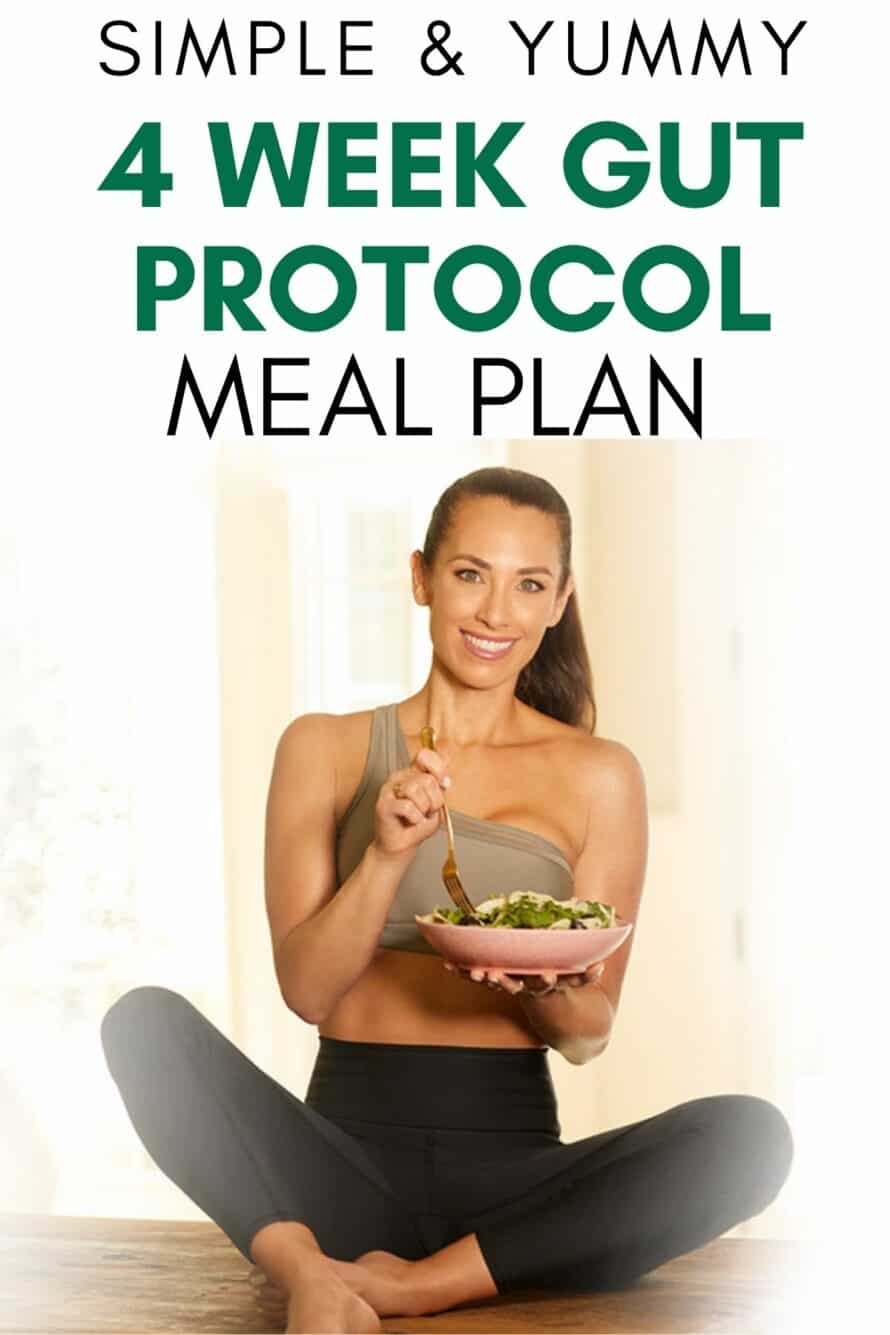 autumn calabrese sitting eating a salad - text overlay simple and yummy 4 week gut protocol meal plan
