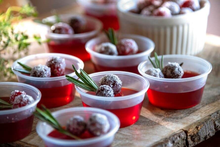 sugar free jell-o cups with blueberries and basil on top
