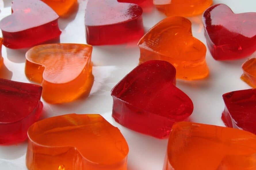 sugar free jell-o jigglers in the shape of hearts - red and orange