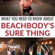 collage of two photos from Sure Thing - top one is of Megan Davies and the bottom is Megan with the cast during a workout. Text overlay in the middle reads What you need to know about Beachbody's Sure Thing