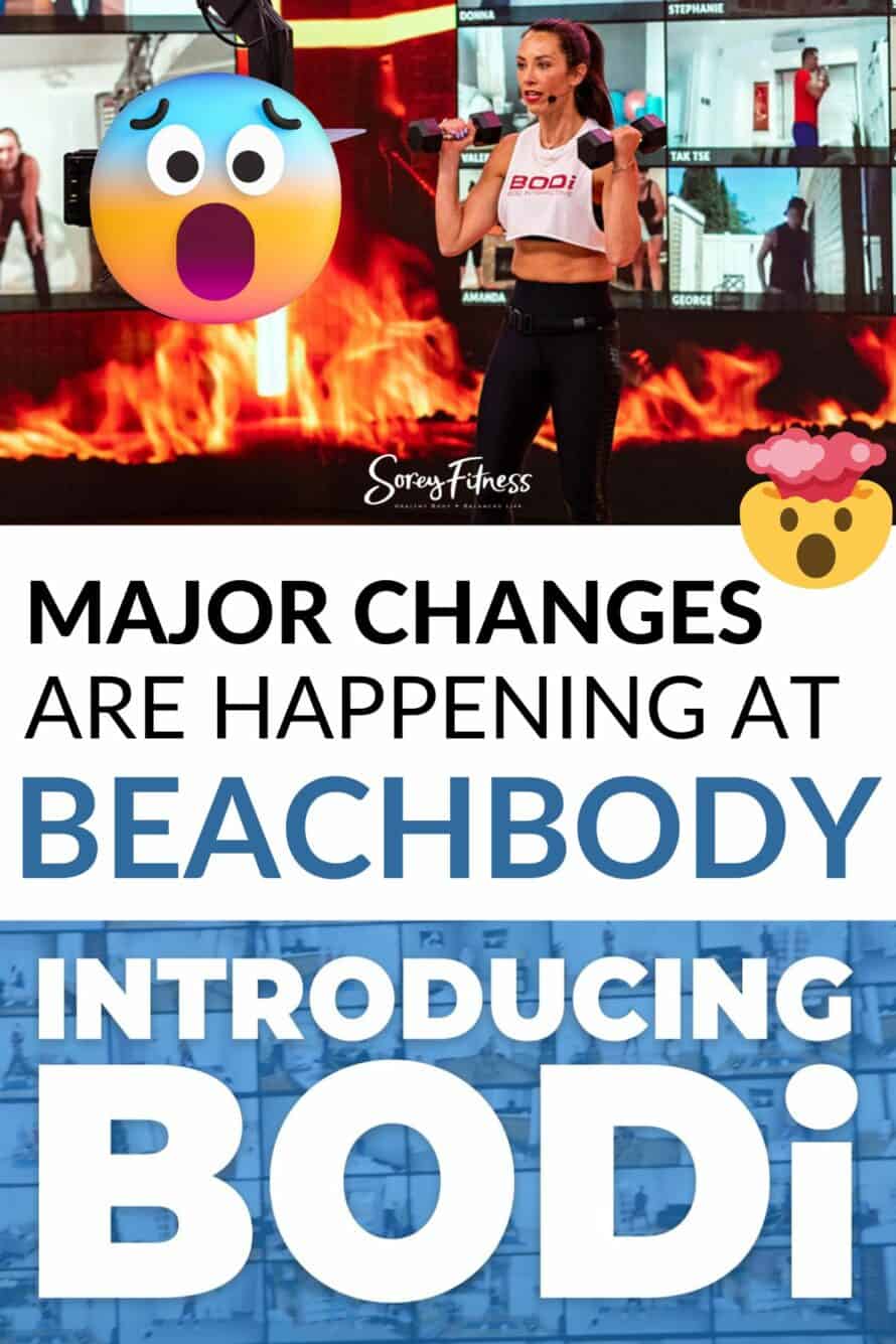 collage of autumn working out on the BODi set and text - major changes happening at Beachbody - Introducing BODi