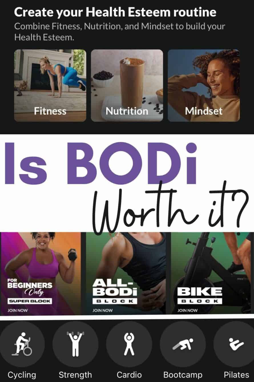 collage of a few screenshots inside the BODi app - text overlay in the middle says is bodi worth it?