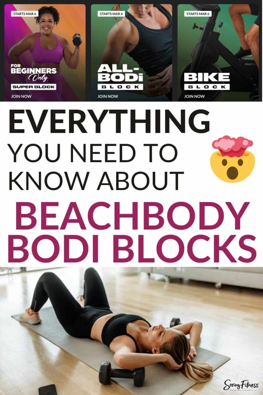 collage of the new BODi blocks on the Beachbody app in 2023 and a woman after a workout at home - text overlay in the middle says everything you need to know about Beachbody BODi blocks