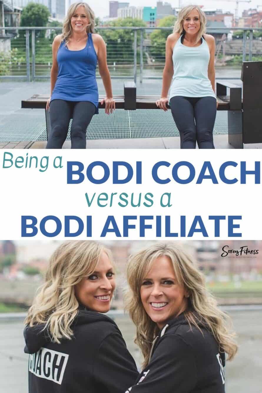 collage of 2 pictures of Kim and Kalee with text overlay in the middle - being a BODi Coach versus a BODi affiliate 