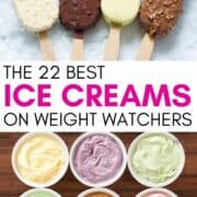 collage of 4 ice cream bars on top and 6 pints of ice cream on the bottom. Text overlay in the middle says "The 22 Best Ice Creams on Weight Watchers"