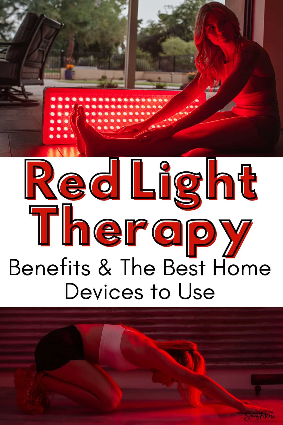 collage of a woman by a Mito red light - text overlay says red light therapy benefits at home and devices to use