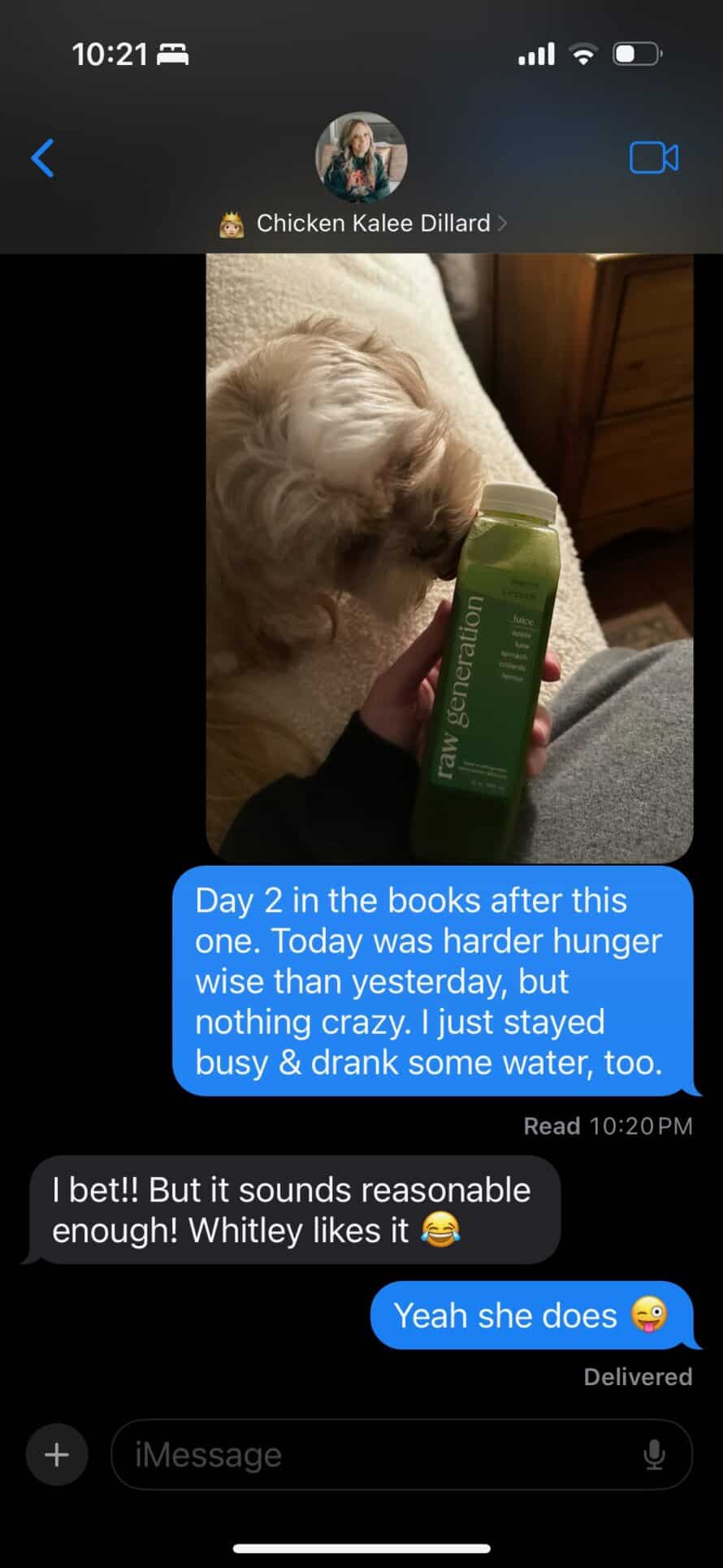 Text thread from Day 2 Log for my 7 Day Juice Cleanse