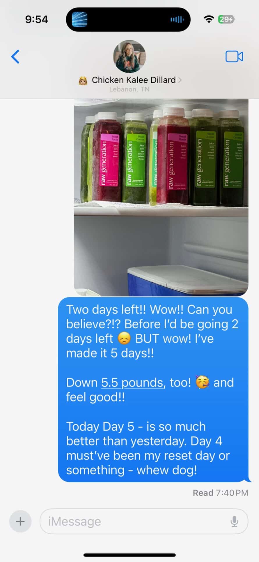 text thread from Day 5 Log for my 7 Day Juice Cleanse