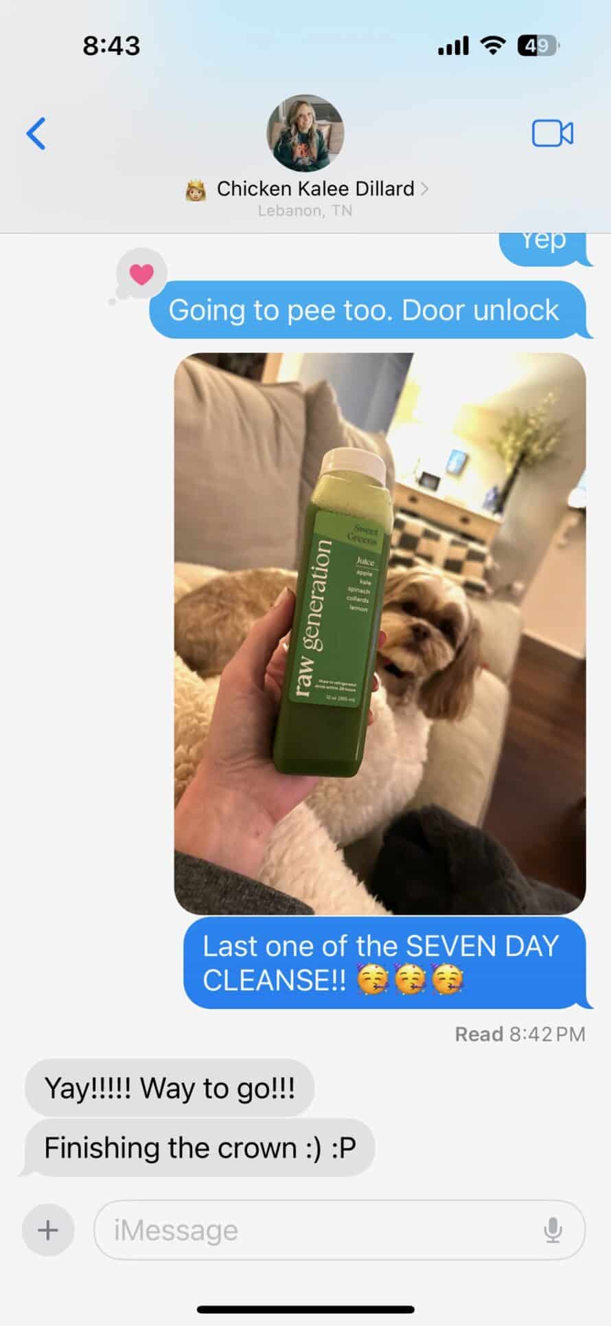 text thread Day 7 Log for my 7 Day Juice Cleanse