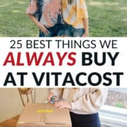 collage of a picture of us - kim and kalee - and opening a cardboard box - text overlay in the middle says 25 best things we always buy at Vitacost