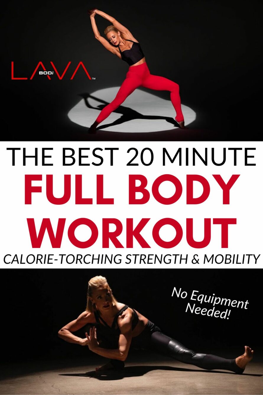Two images of Elise Joan with text overlay in the middle that says The Best 20 Minute Full Body Workout calorie-torching strength and mobility