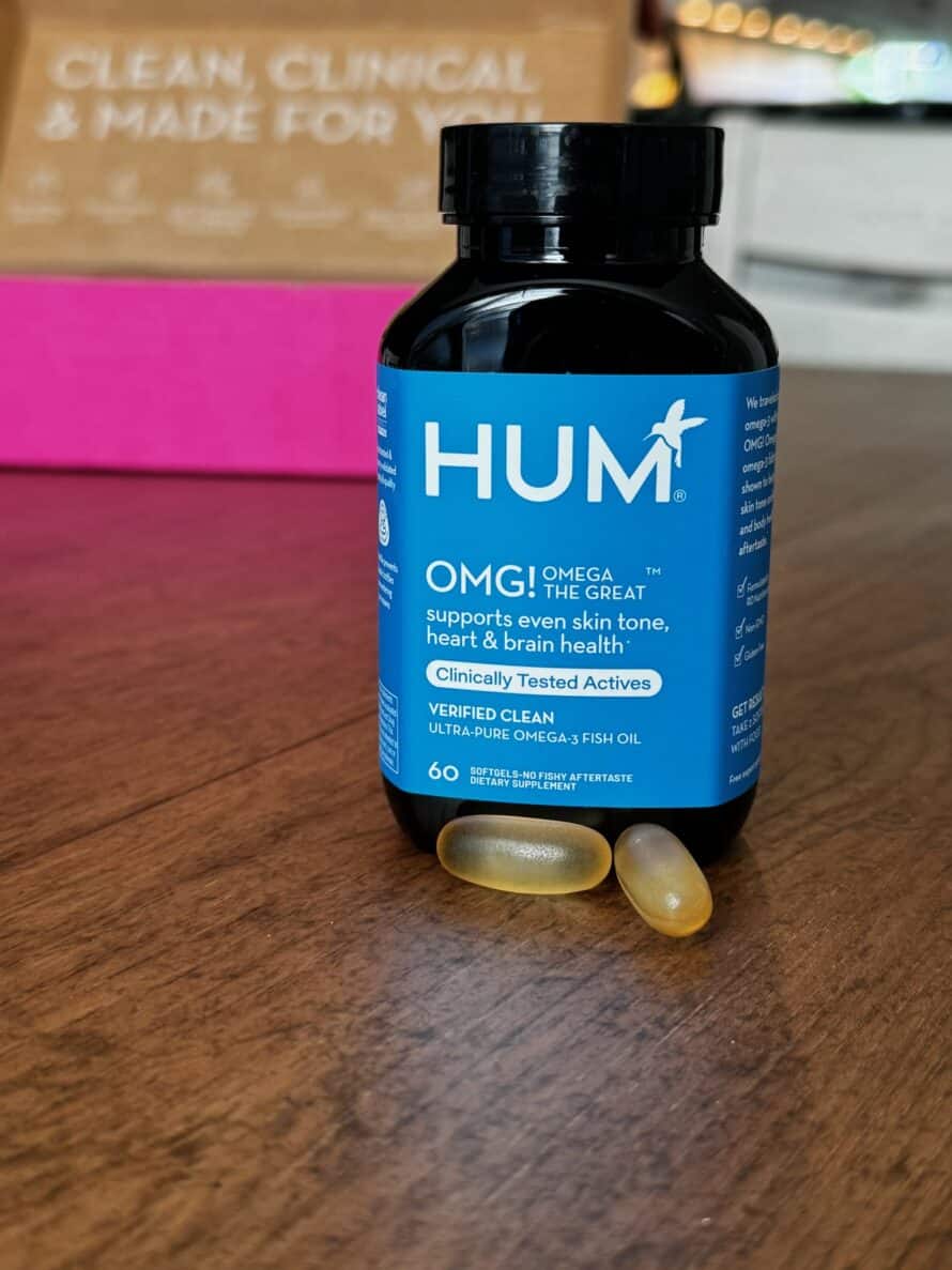 HUM Omega the Great Review supplement bottle with 2 capsules