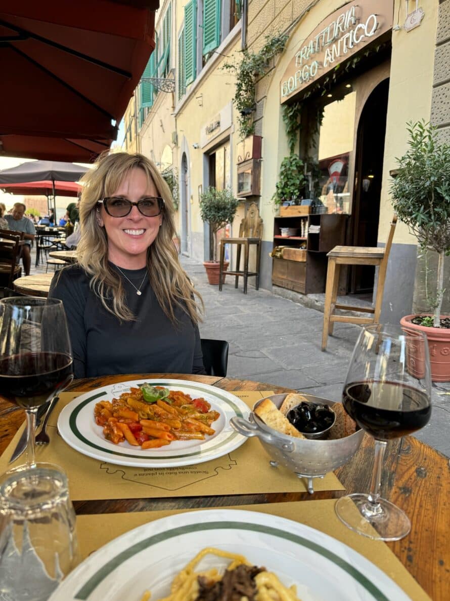 kim at lunch with wine in florence italy