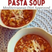 Chickpea and Pasta Soup bowls with text overlay says delicious easy and cheap meal - chickpea and pasta soup - mediterranean diet approved