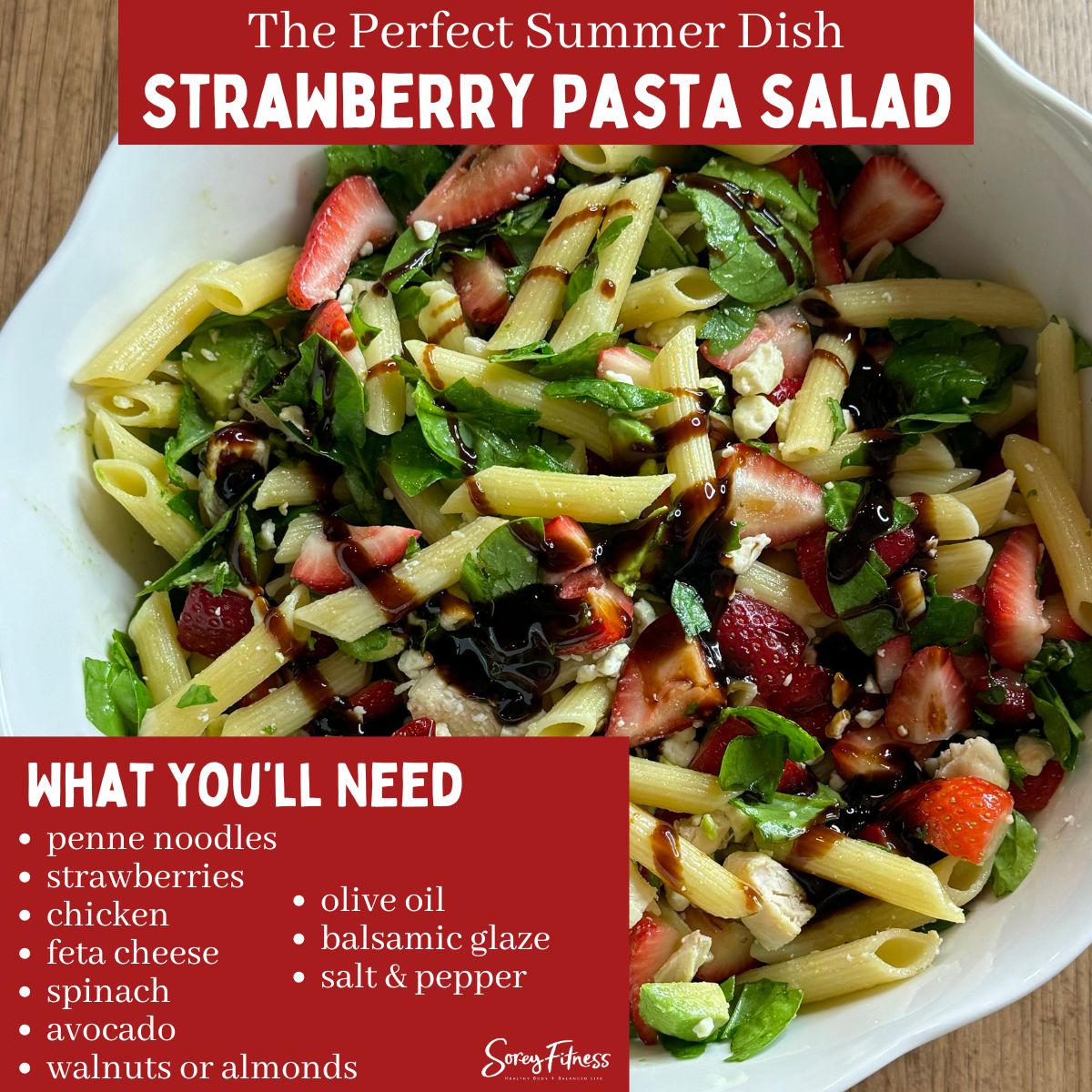 infographic with strawberry pasta salad ingredients