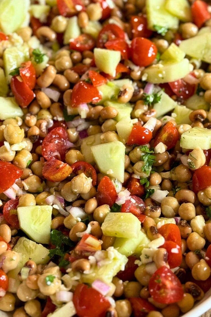 close up of Blue Zone Salad with black eyed peas