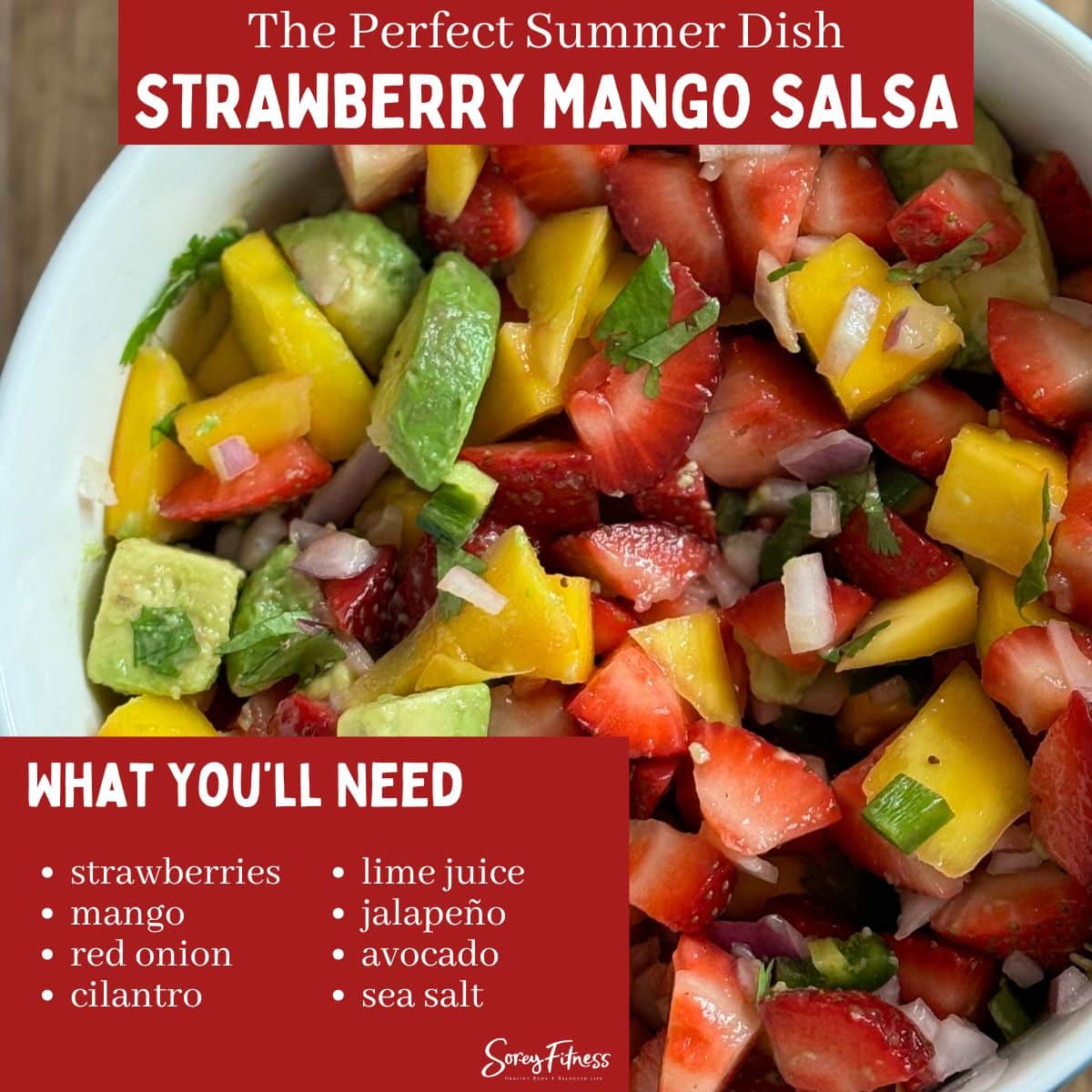 infographic with strawberry mango salsa ingredients listed