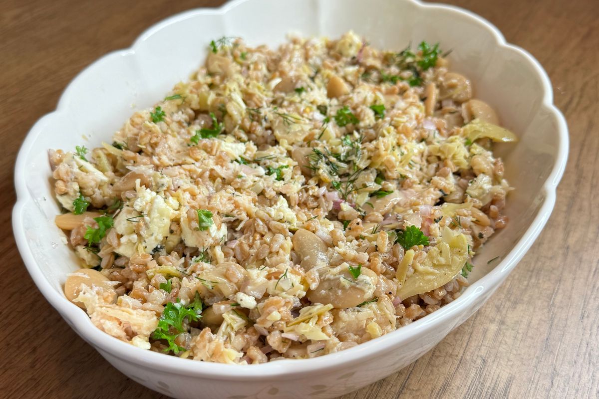 Mediterranean chicken salad with farro white beans and artichoke