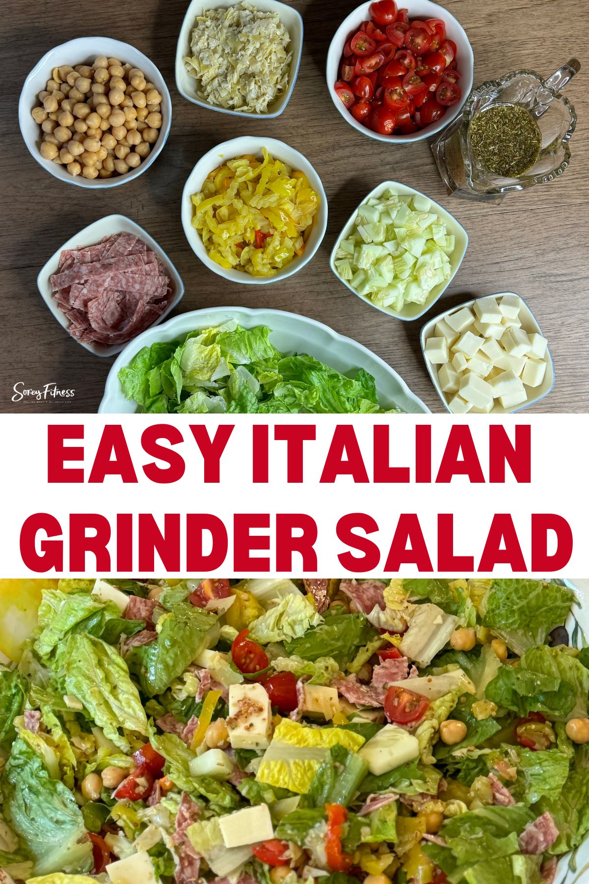 collage of the ingredients and finished salad recipe - text overlay says easy Italian grinder salad