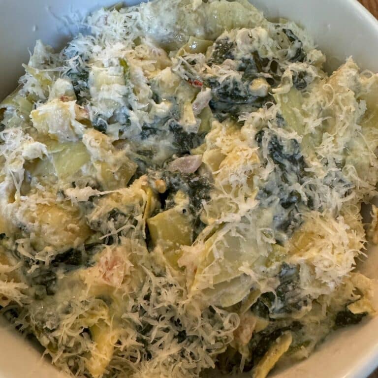 close up of the mediterranean spinach artichoke dip