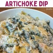 close up of finished recipe text overlay says easy no bake healthy spinach artichoke dip