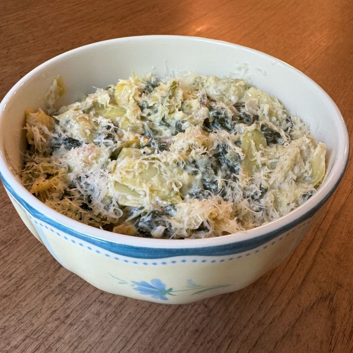 no bake spinach artichoke dip in a bowl