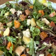 close up of the finished sweet potato and chicken salad