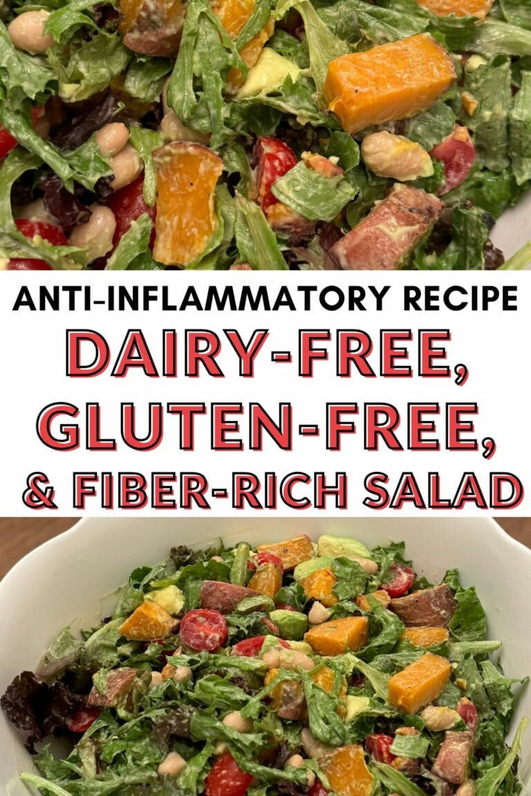 collage of the salad - text overlay says anti-inflammatory dairy free dairy free fiber rich salad