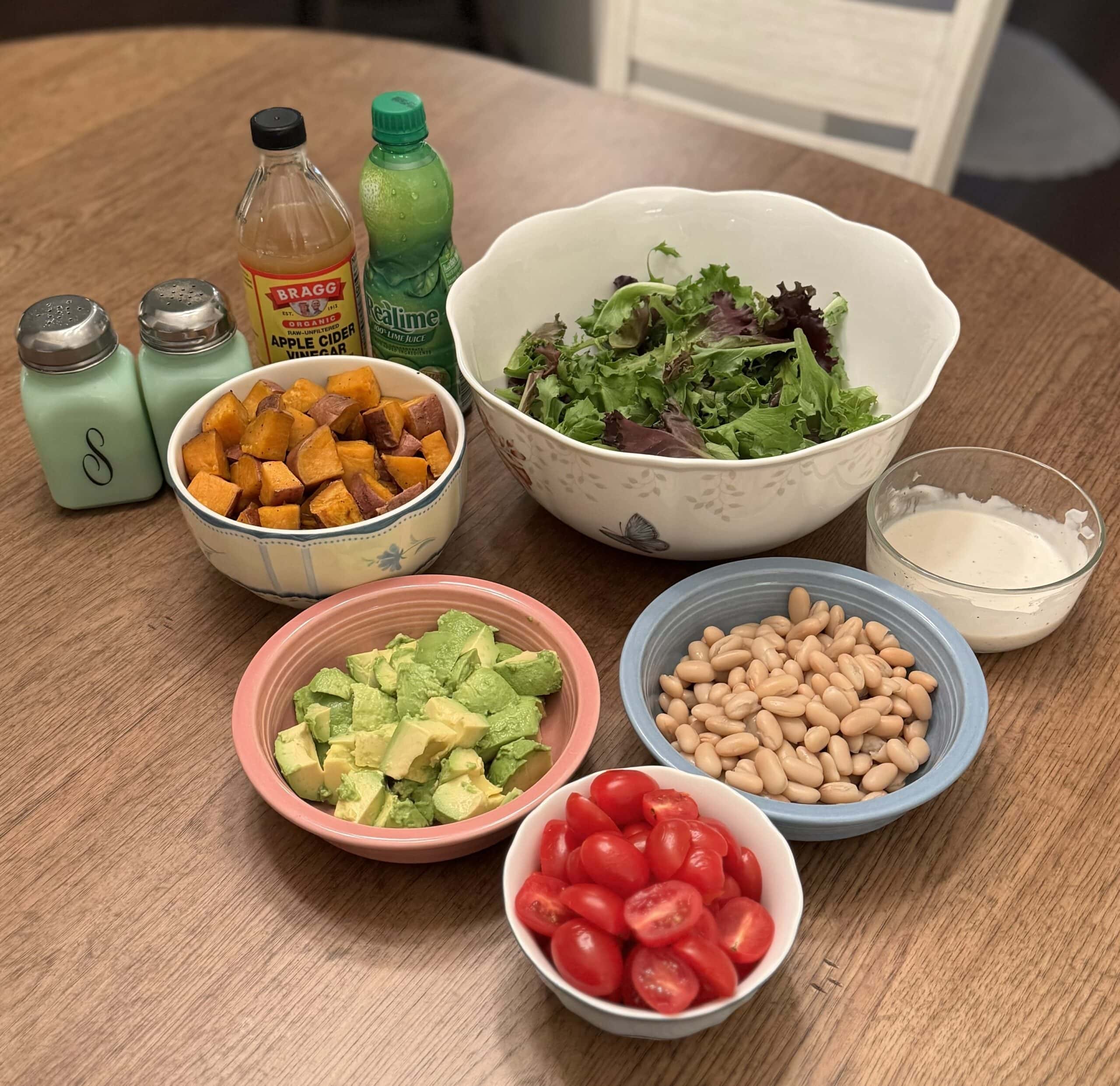 gluten free dairy free salad ingredients on the kitchen table