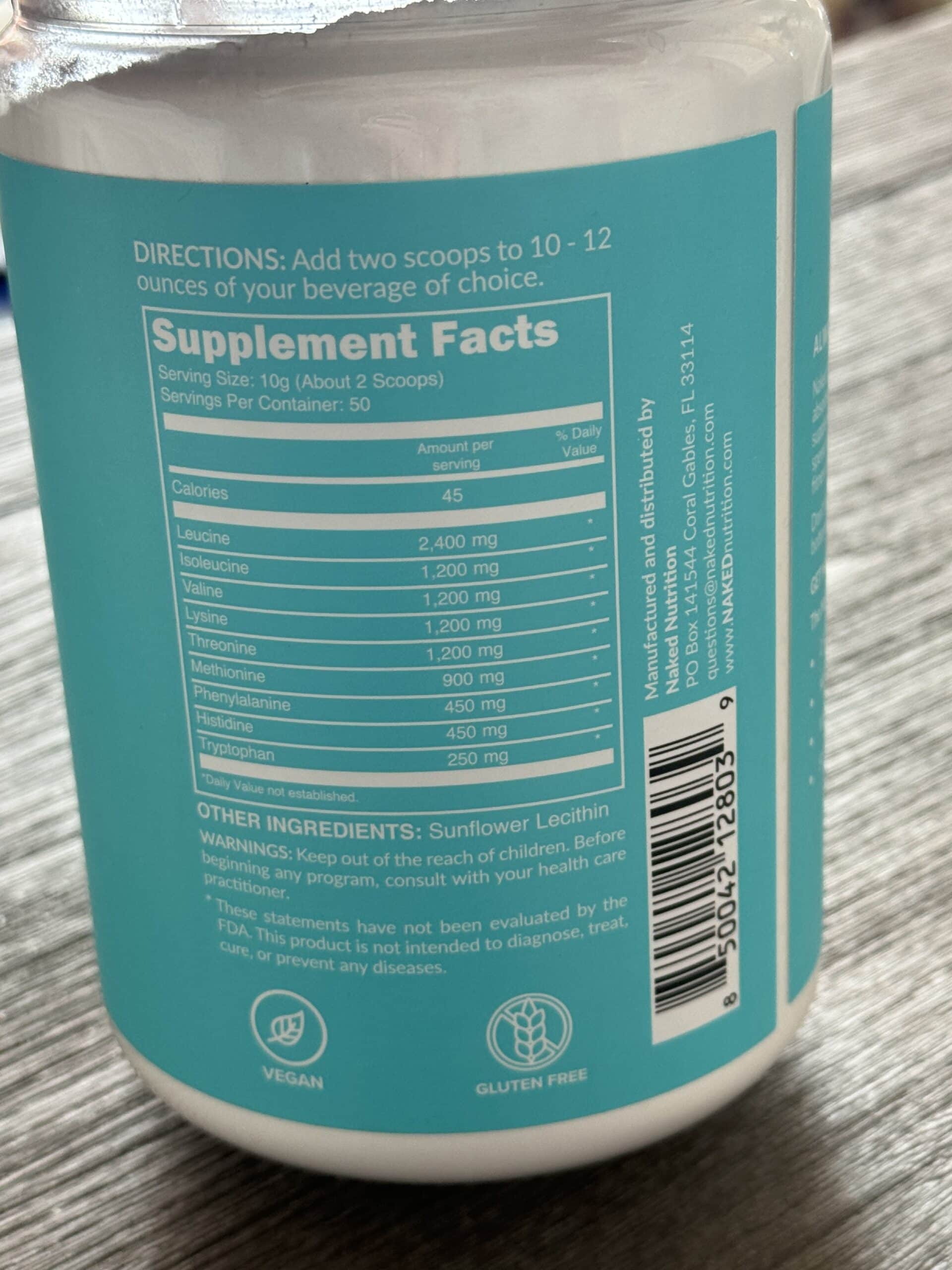 Naked Nutrition EAAs nutrition label