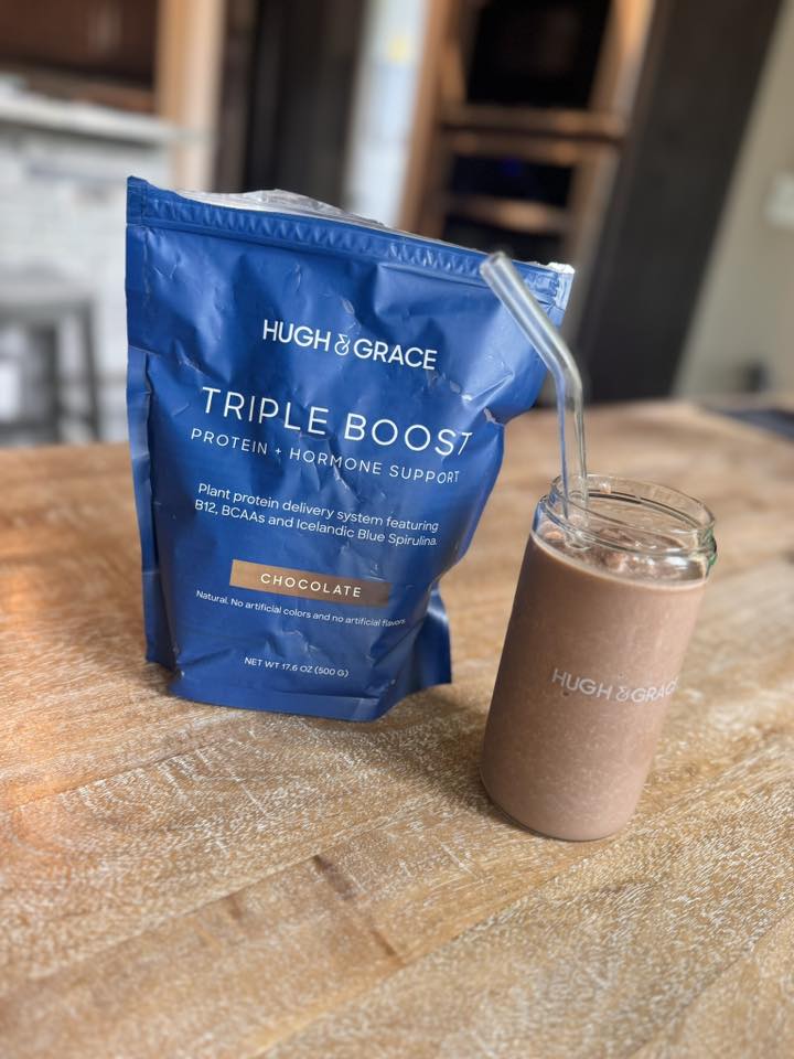 Hugh & Grace Chocolate Triple Boost Bag and glass