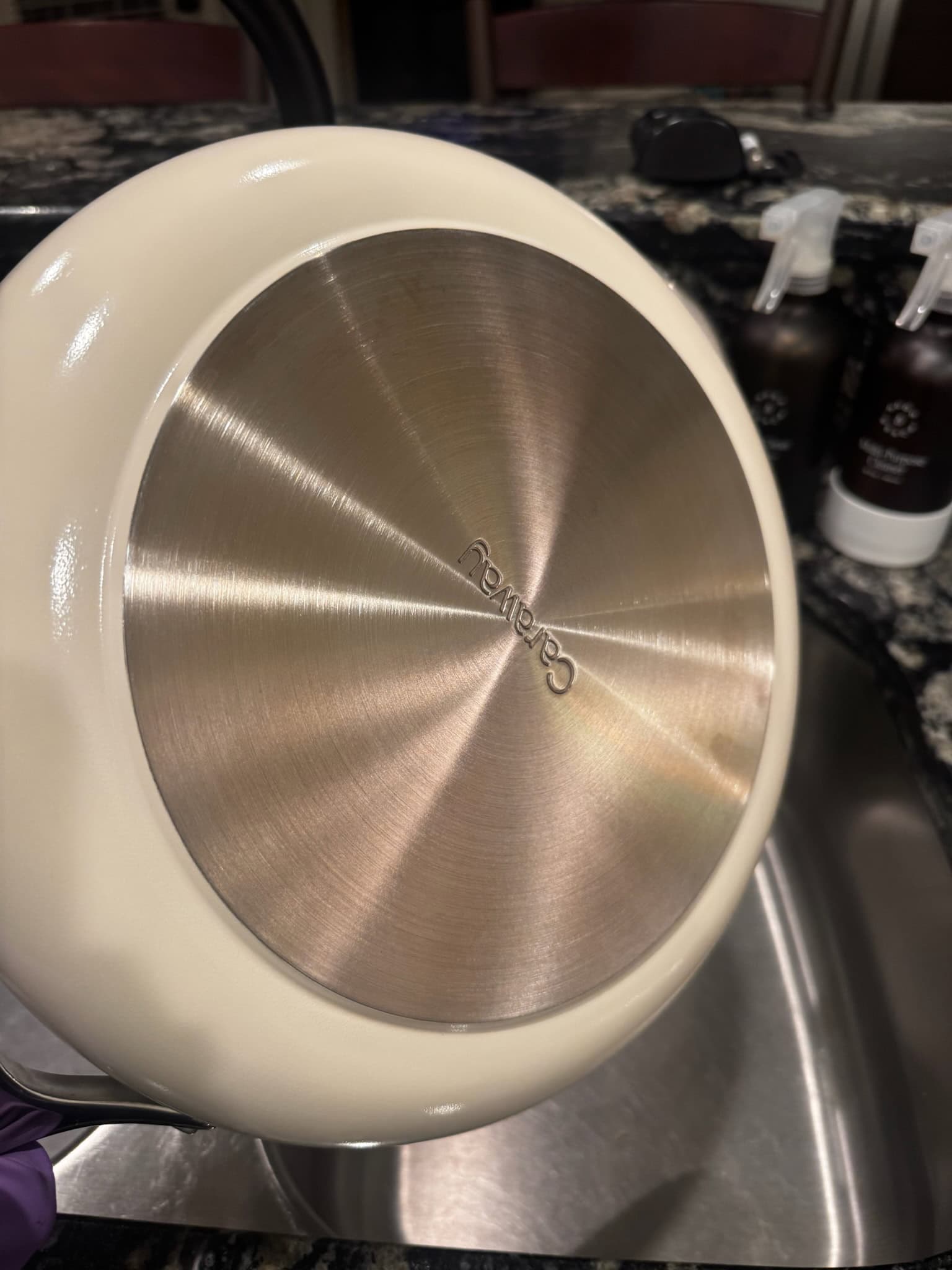 bottom of large Caraway skillet in cream