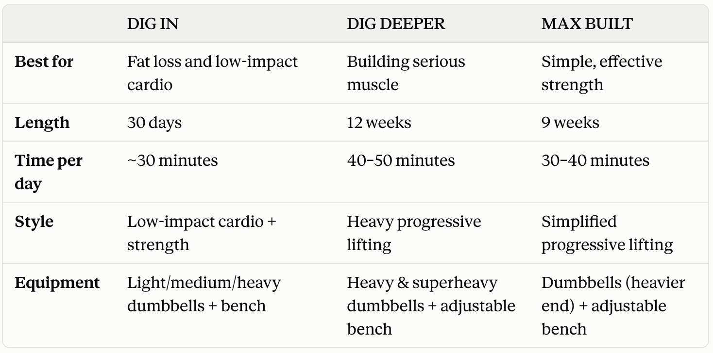 dig in vs dig deeper vs max built and shaun ts other workouts