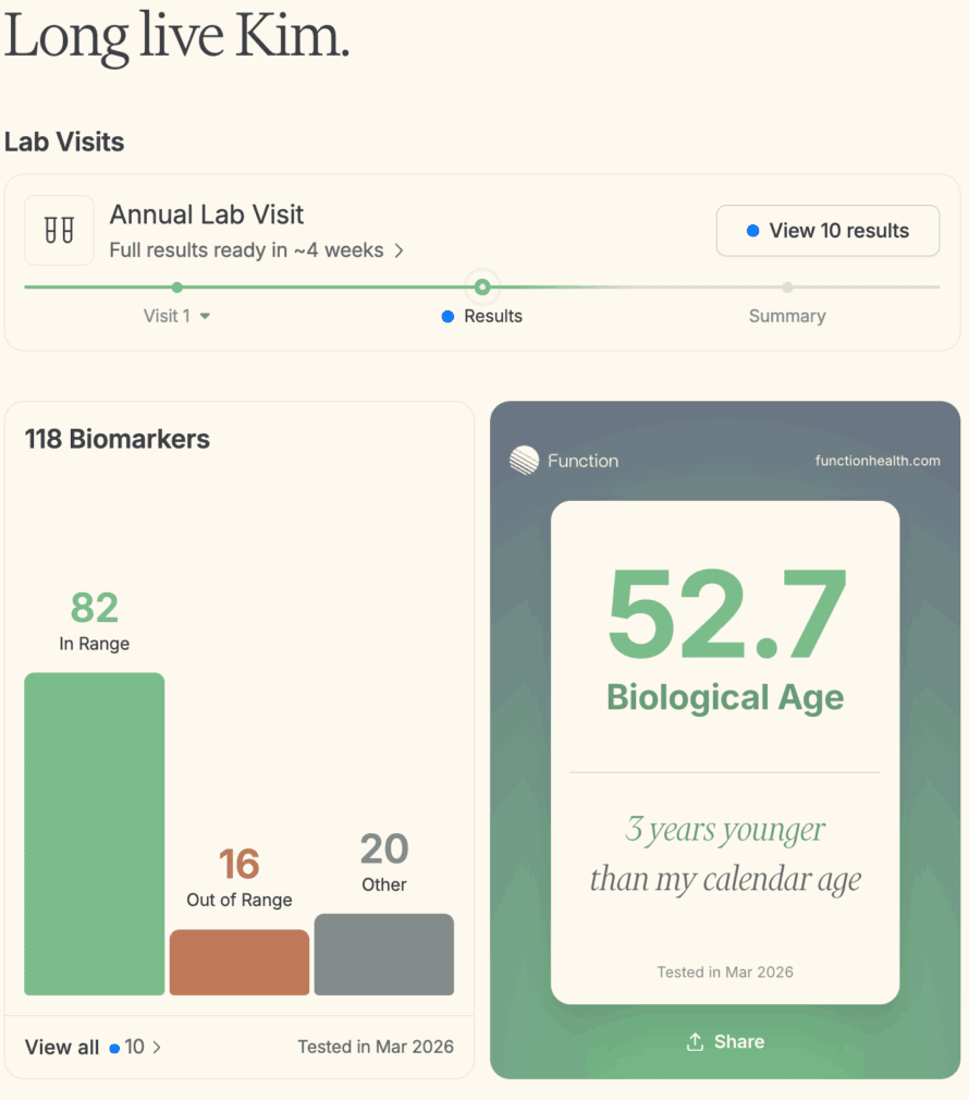 screenshot of the function health review and results from my tests