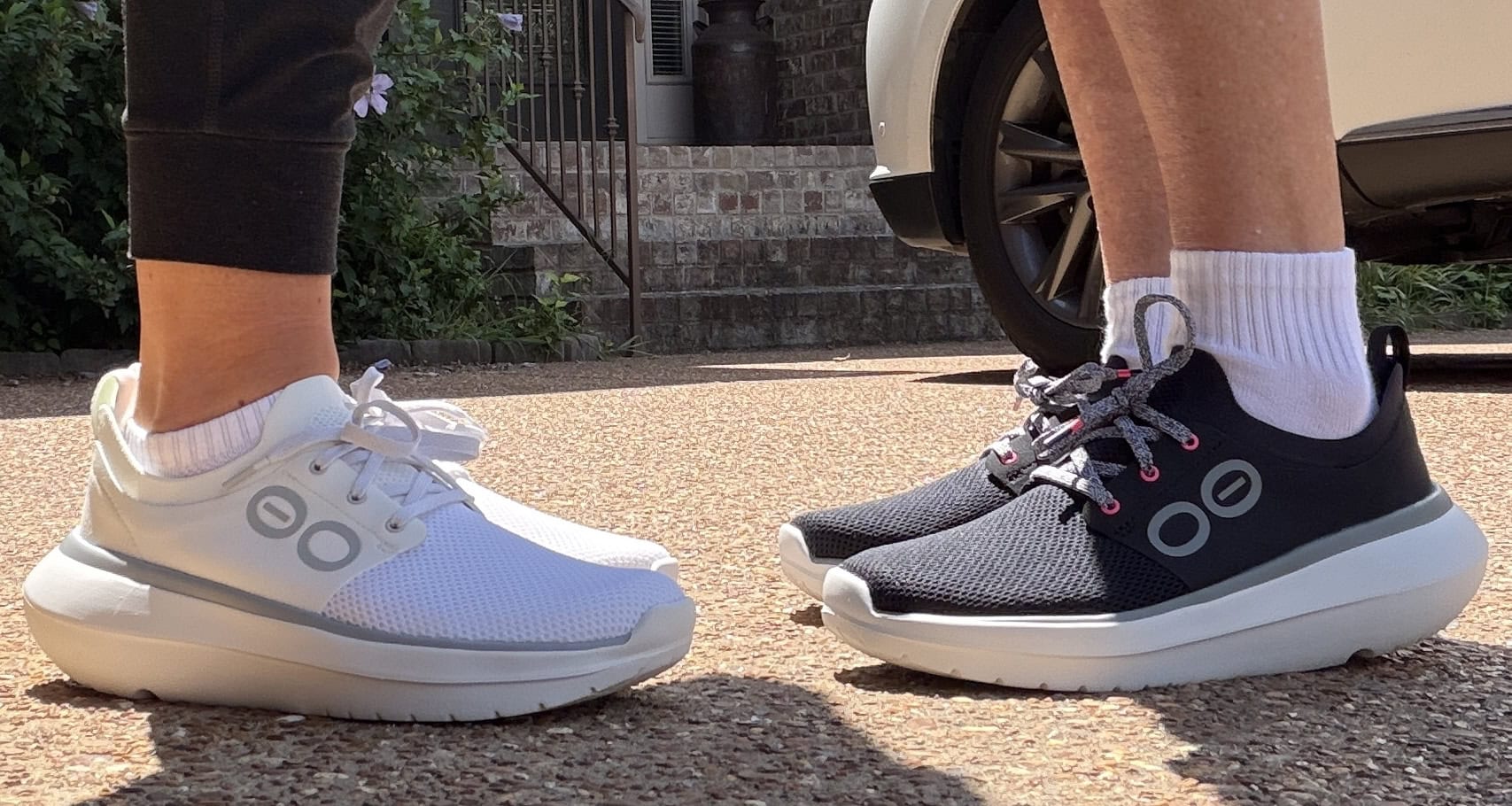 white and black OOFOS OOmy Stride Lace Up Shoes